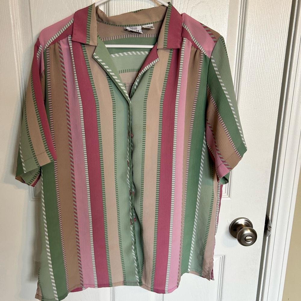 EHL large pink green & tan striped button-up shirt